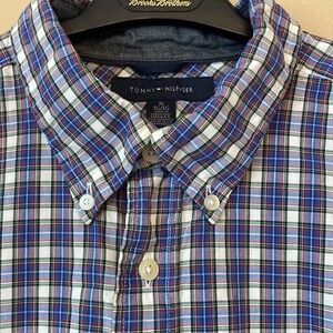 Men shirt Tommy Hilfiger navy red plaid long sleeve button down shirt XL